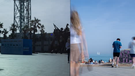 Menschen-Am-Strand-Von-Barcelona-Im-Spiegel-Reflektiert