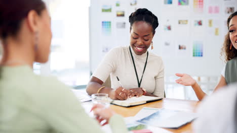 Business-woman,-writing-and-listening-in-meeting