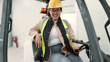 Woman-face,-engineering-and-foreman-on-forklift