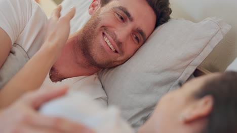Face,-love-and-happy-with-a-couple-in-bedroom