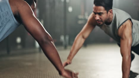 Men,-pushup-and-teamwork-for-fitness-on-floor