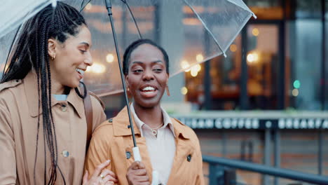 Women,-travel-and-city-with-umbrella-and-friends