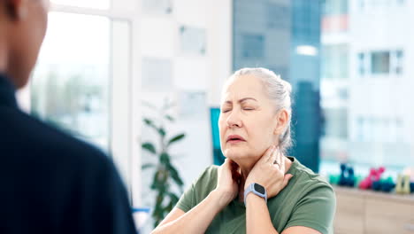 Senior-woman,-neck-pain-and-consultation