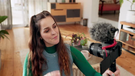 Influencer,-kiss-or-woman-vlogging-on-camera