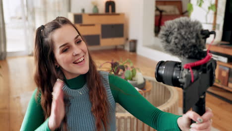Influencer,-wave-or-face-of-woman-vlogging