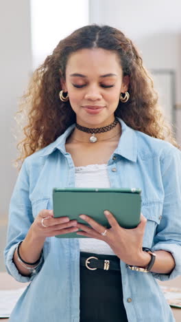 Tablet,-research-and-face-of-young-woman-scroll