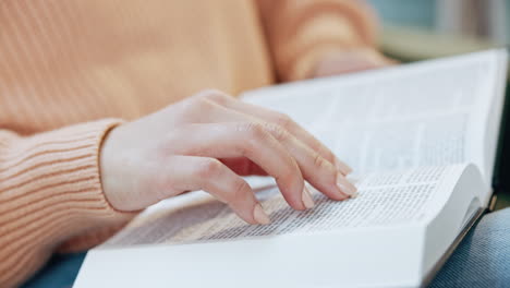 Hand,-bible-study-and-woman-reading-a-book