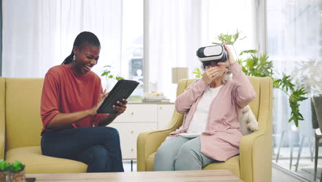 Senior-woman,-glasses-and-vr-with-caregiver
