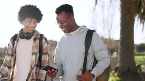 Outdoor,-walking-and-students-with-a-smartphone