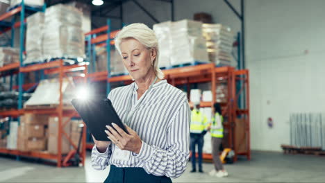 Woman,-warehouse-and-tablet-for-logistics