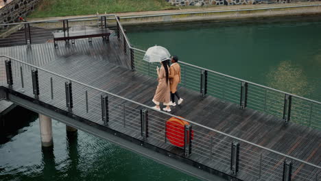 Walking,-above-and-women-in-the-rain-on-a-bridge