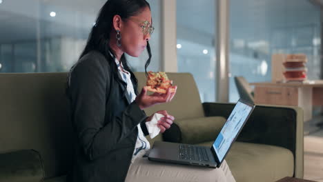 Night,-pizza-and-laptop-with-business-woman
