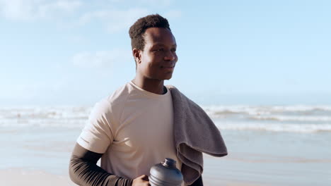 Black-man,-walking-and-drinking-water-in-fitness