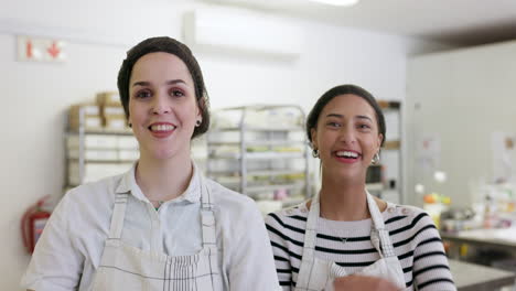 Women,-face-and-laughing-in-bakery-with-employees