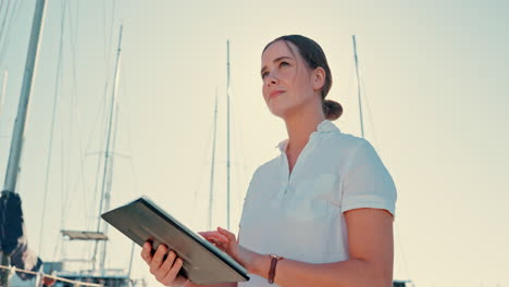 Yacht,-tablet-and-captain-with-woman