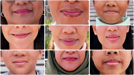 Smile,-collage-and-closeup-of-mouth-of-women