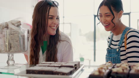 Bakery,-friends-and-women-with-choice-with-cake