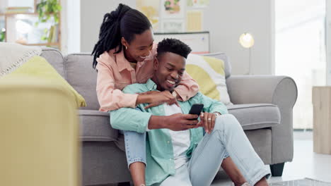 Home,-love-or-black-couple-with-a-cellphone
