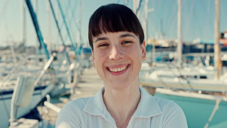 Face,-smile-and-yacht-with-a-woman-in-the-harbor