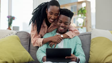 Black-couple,-tablet-and-living-room-sofa