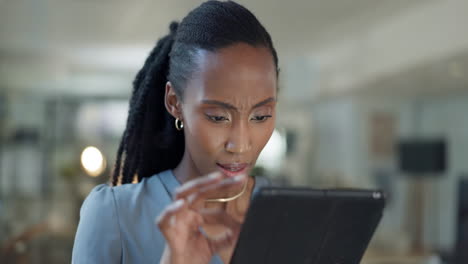 Confused,-black-woman-and-tablet-in-office