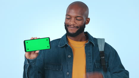 Green-screen,-pointing-and-man-with-phone