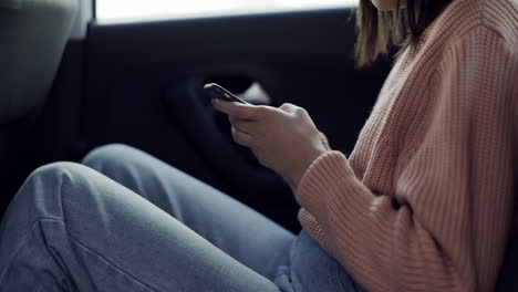 Car,-typing-and-hands-of-woman-with-phone