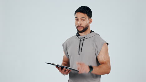 Fitness,-invite-and-man-on-tablet-in-studio