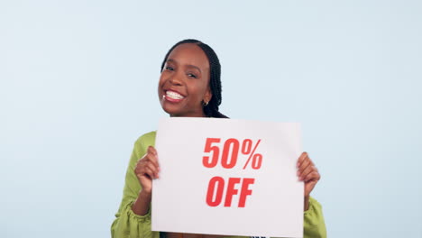 Happy-black-woman,-poster-and-sale-on-sign