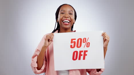 Face,-discount-poster-and-happy-black-woman-dance