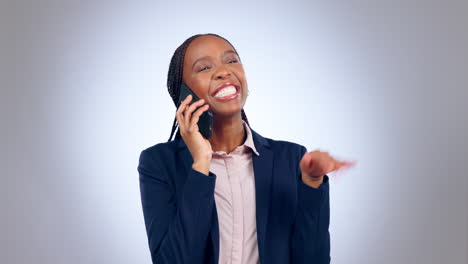 Business-woman,-laughing-and-phone-call-in-studio