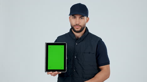 Delivery-man,-tablet-and-green-screen