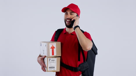 Delivery,-boxes-and-phone-call-with-courier-man