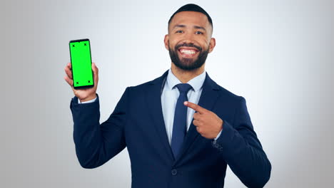 Business-man,-phone-and-green-screen