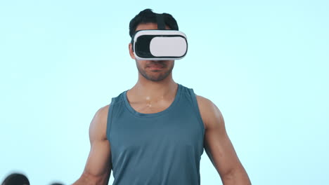 Man,-exercise-and-virtual-reality-glasses-by