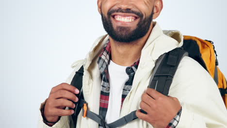 Hiking,-backpack-and-smile-of-man-in-studio