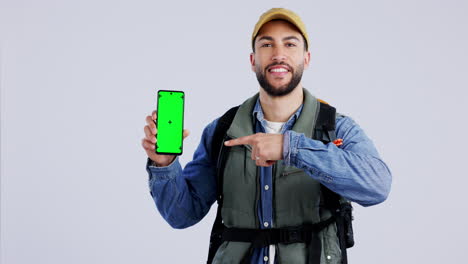 Hiking,-green-screen-and-man-with-phone-pointing