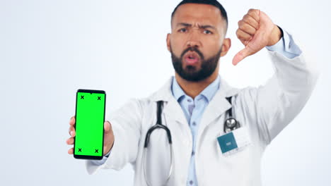 Telefon,-Grüner-Bildschirm-Und-Gesicht-Des-Arztes-Mit-Daumen