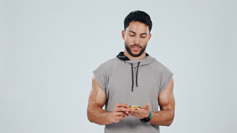 Fast-food,-face-and-no-by-fitness-man-with-pizza