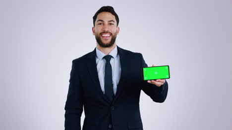 Cellphone,-green-screen-or-face-of-business-man