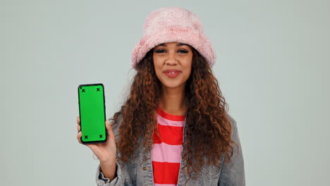 Green-screen,-phone-and-woman-with-perfect-sign