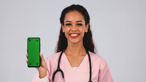 Nurse,-phone-and-green-screen-presentation