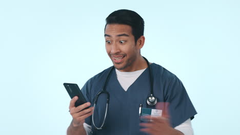 Happy-asian-man,-phone-and-doctor-in-good-news