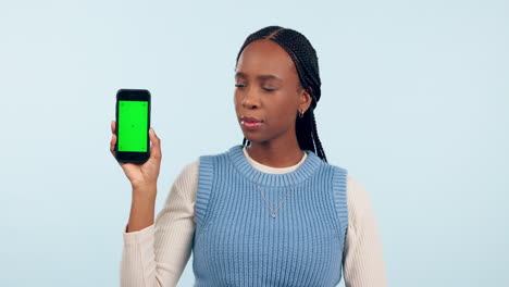 Black-woman,-phone-and-thumbs-down-for-bad-review