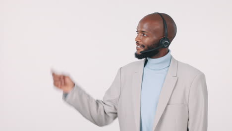 Black-man,-call-center-and-pointing-with-thumbs-up