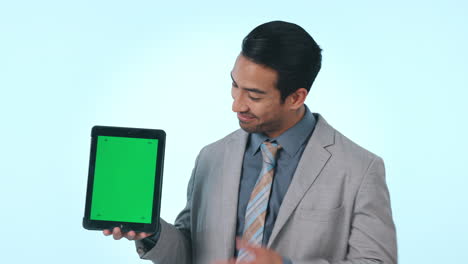 Happy-businessman,-tablet-and-palm-on-green