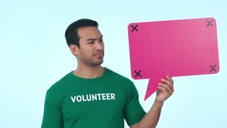 Volunteer,-doubt-and-man-with-speech-bubble