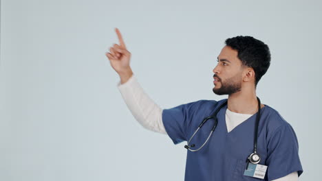 Nurse,-man-face-and-pointing-with-medical-steps