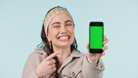 Happy,-woman-and-green-screen-with-phone