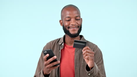 Teléfono-Inteligente,-Tarjeta-De-Crédito-Y-Hombre-Negro-En-Línea